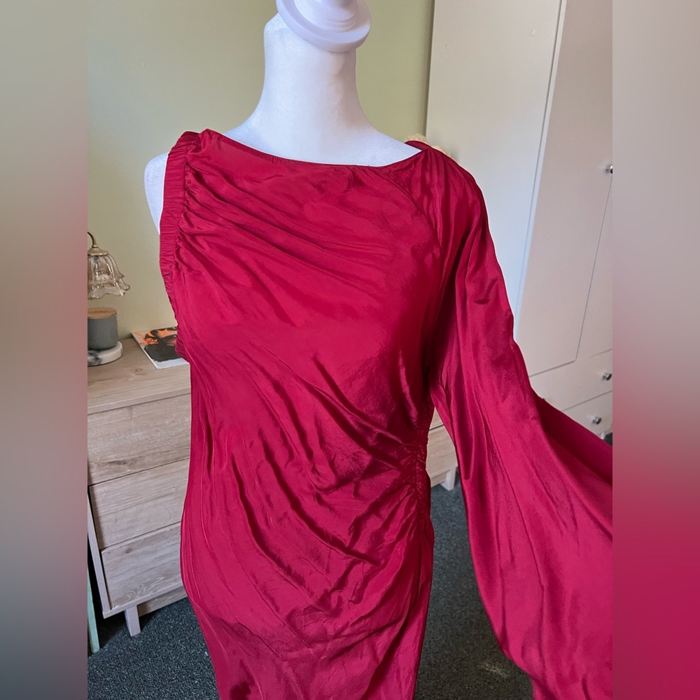 Maroon Red One Sleeve Shoulder Asymmetrical Midi Satin Formal Fancy Dress Sz L - Picture 14 of 16